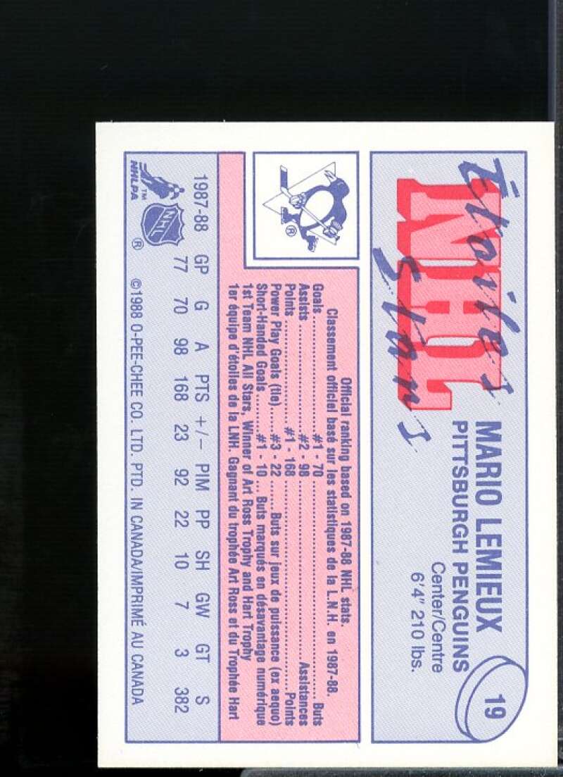Mario Lemieux Card 1988-89 O-Pee-Chee Minis #19  Image 2