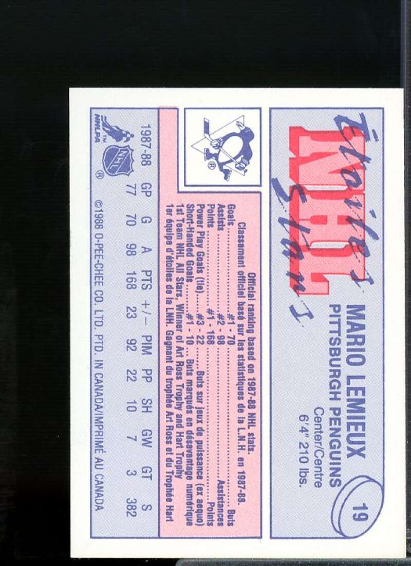 Mario Lemieux Card 1988-89 O-Pee-Chee Minis #19  Image 2