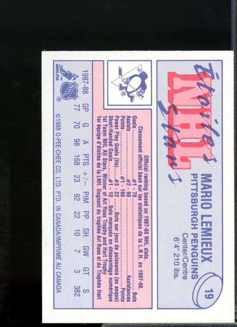 Mario Lemieux Card 1988-89 O-Pee-Chee Minis #19  Image 2