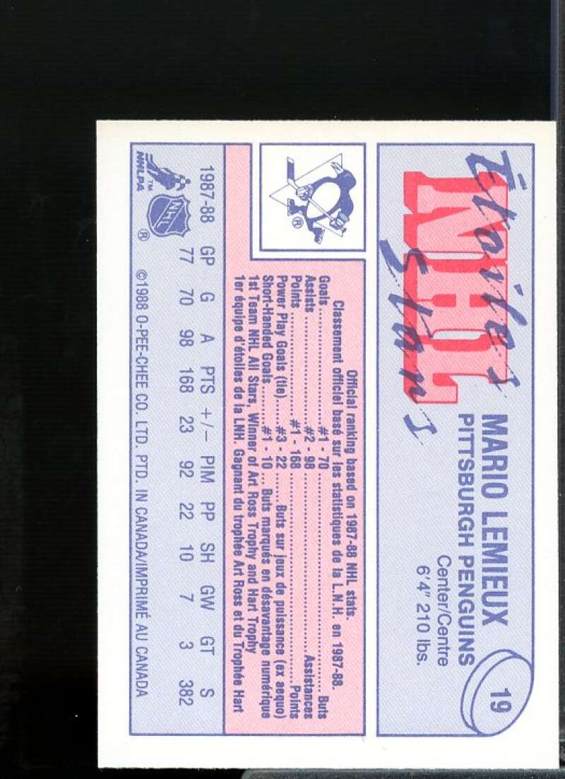 Mario Lemieux Card 1988-89 O-Pee-Chee Minis #19  Image 2