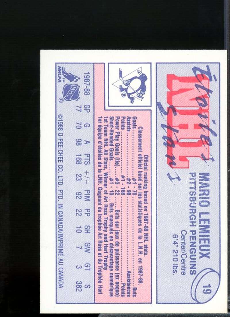 Mario Lemieux Card 1988-89 O-Pee-Chee Minis #19  Image 2