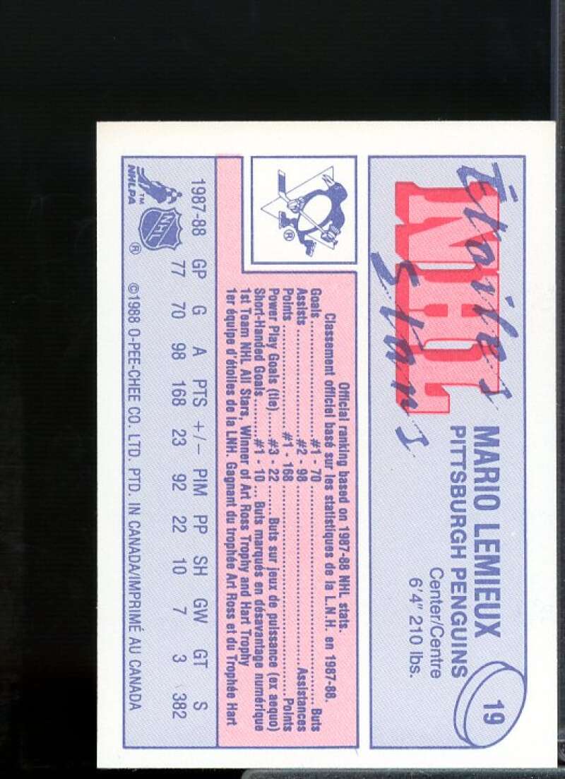 Mario Lemieux Card 1988-89 O-Pee-Chee Minis #19  Image 2