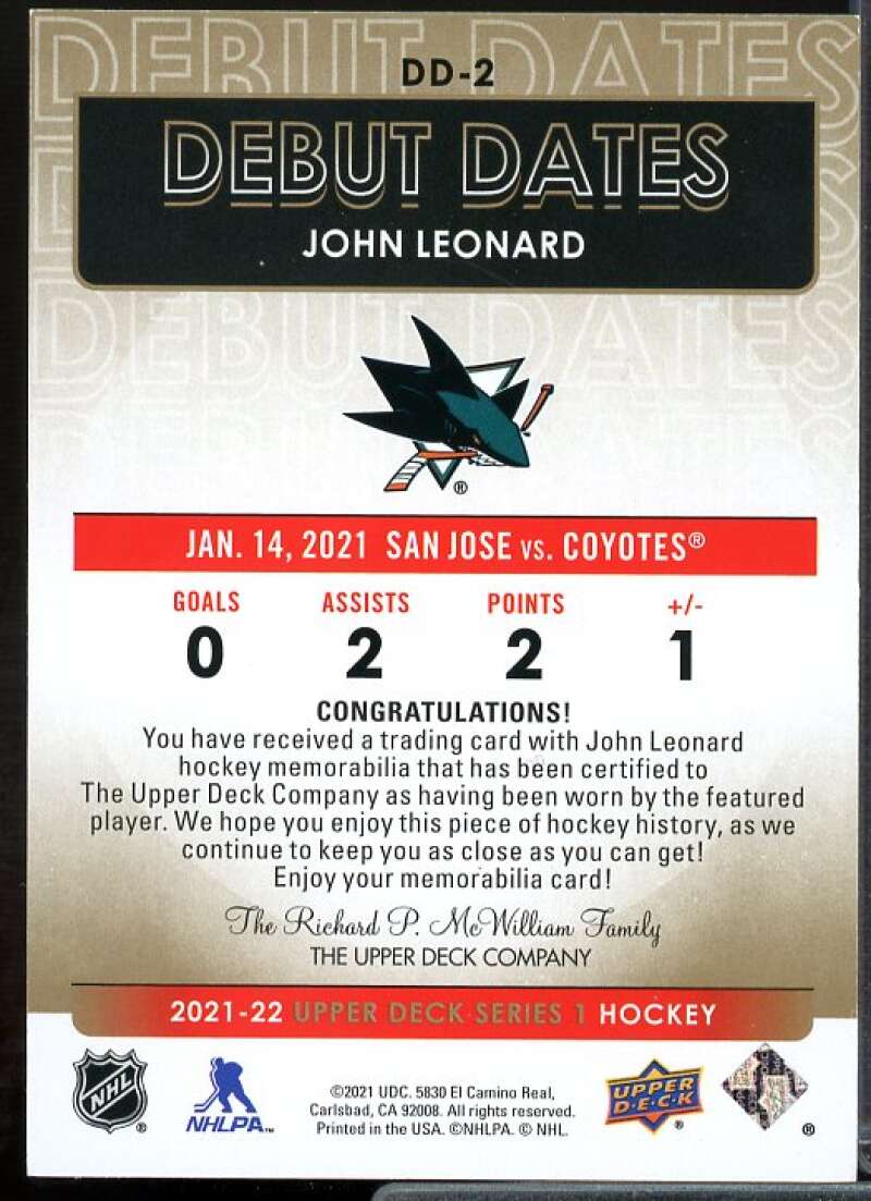 John Leonard Card 2021-22 Upper Deck Debut Dates Jerseys #DD2  Image 2