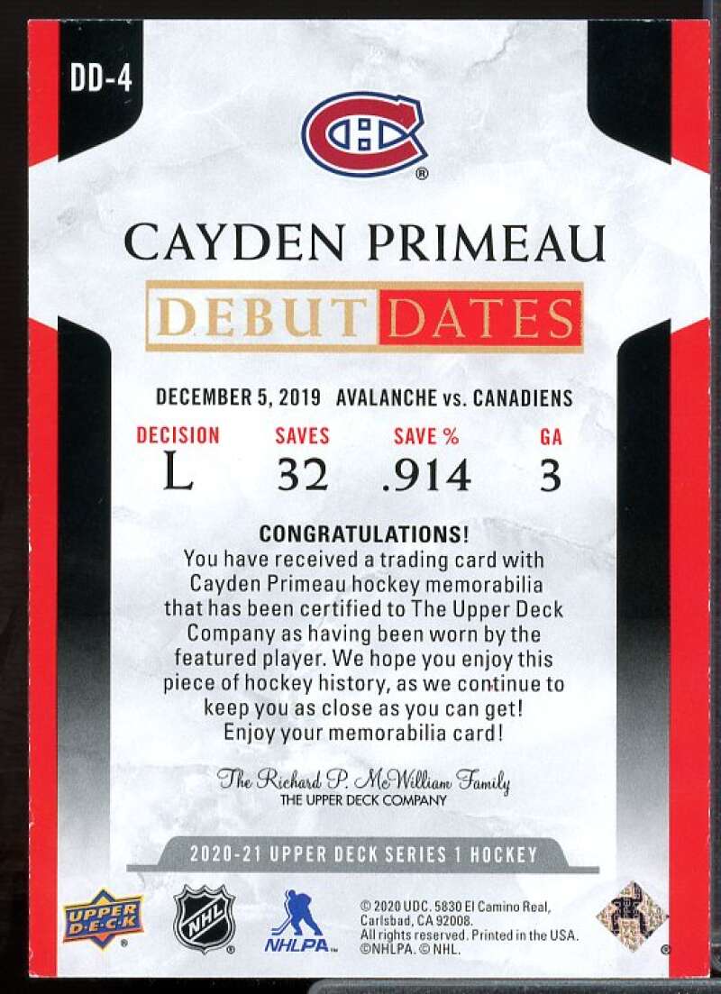 Cayden Primeau Card 2020-21 Upper Deck Debut Dates Jerseys #DD4  Image 2