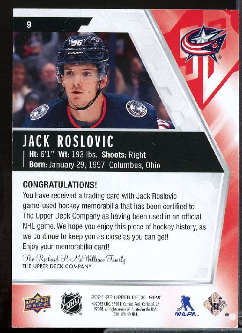 Jack Roslovic Card 2021-22 SPx Base Jerseys #9  Image 2