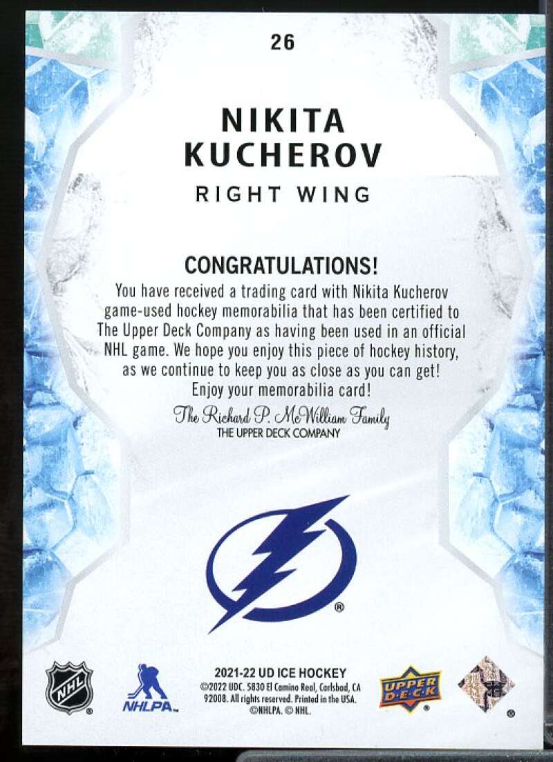 Nikita Kucherov Card 2021-22 Upper Deck Ice Jerseys #26  Image 2