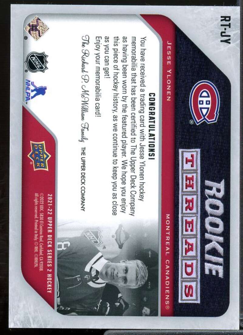 Jesse Ylonen Rookie Card 2021-22 Upper Deck Rookie Threads Retro #RTJY  Image 2