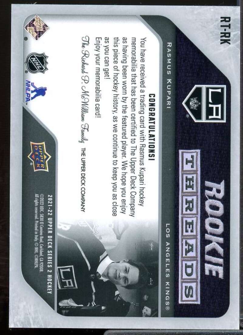 Rasmus Kupari Rookie Card 2021-22 Upper Deck Rookie Threads Retro #RTRK  Image 2