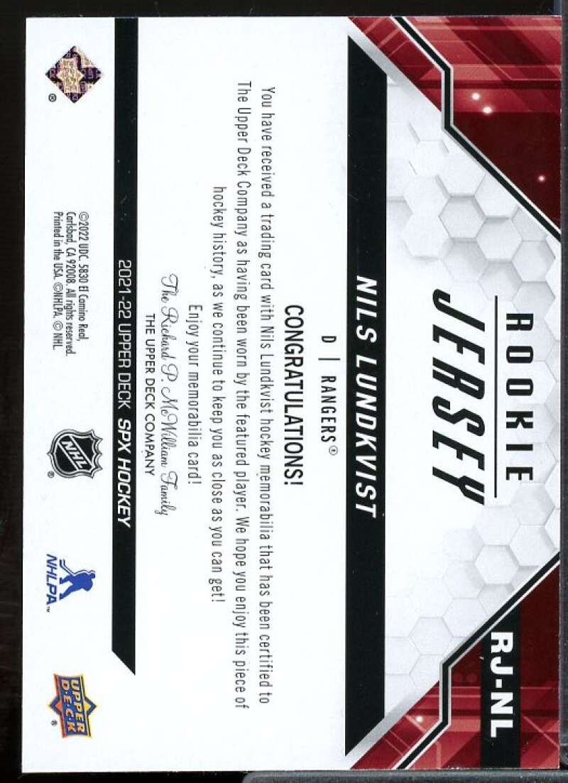 Nils Lundkvist Rookie Card 2021-22 SPx Rookie Jerseys #RJNL  Image 2