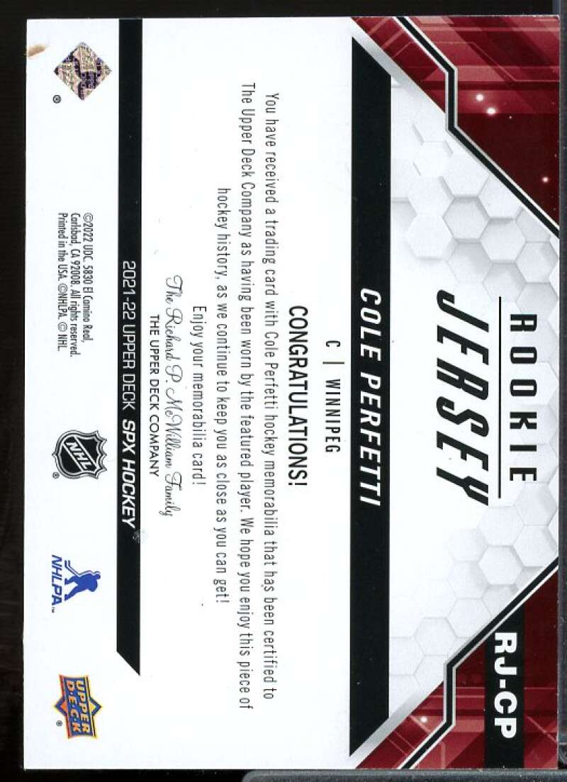 Cole Perfetti Rookie Card 2021-22 SPx Rookie Jerseys #RJCP  Image 2