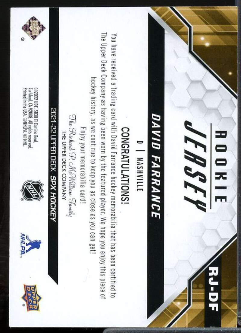 David Farrance Rookie Card 2021-22 SPx Rookie Jerseys #RJDF  Image 2