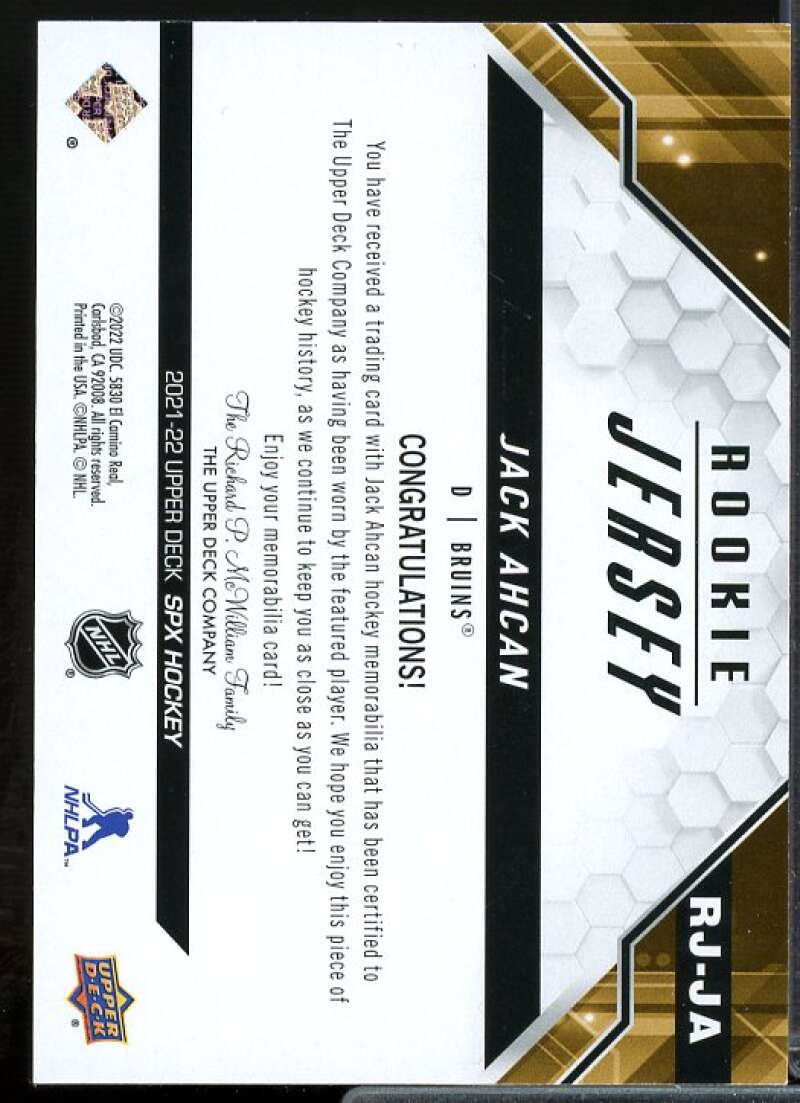 Jack Ahcan Rookie Card 2021-22 SPx Rookie Jerseys #RJJA  Image 2