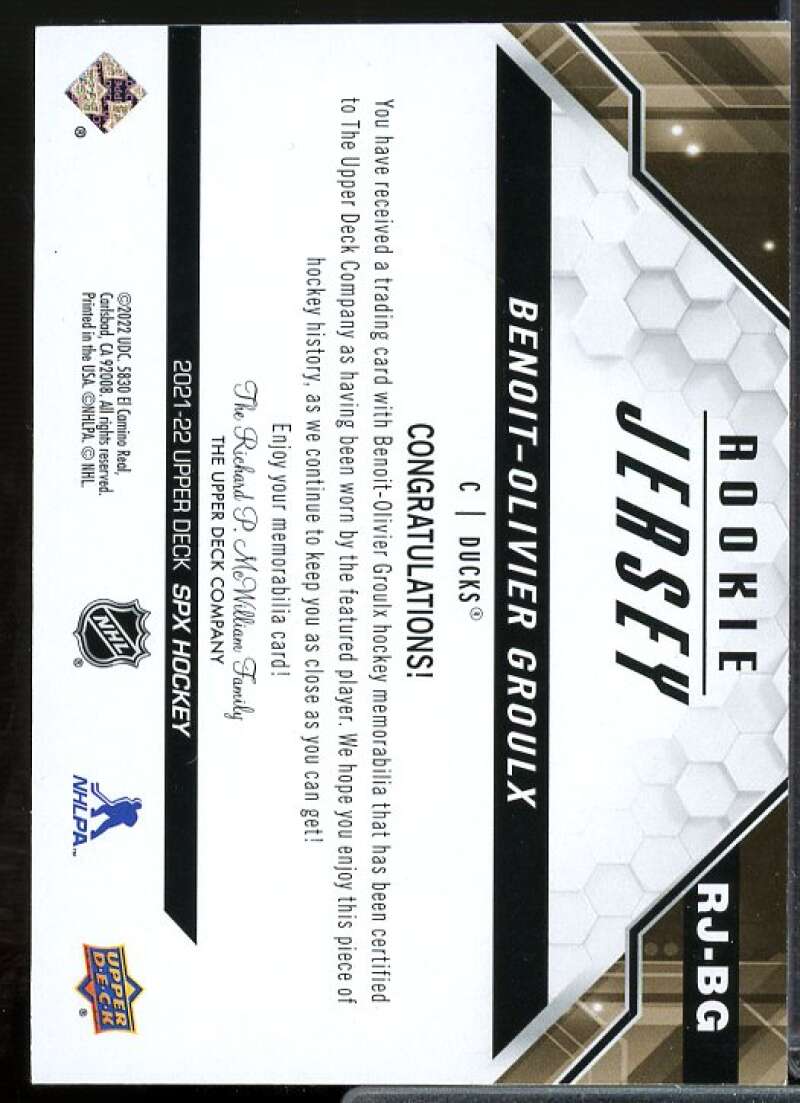 Benoit-Olivier Groulx Rookie Card 2021-22 SPx Rookie Jerseys #RJBG  Image 2