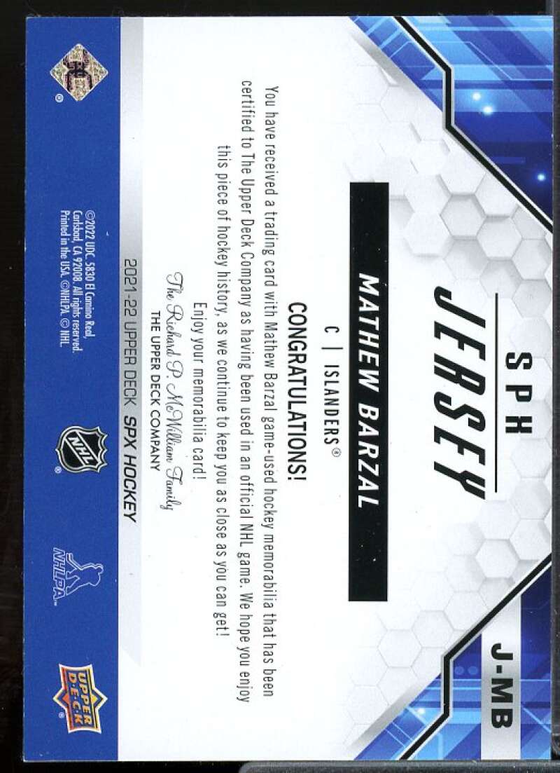 Mathew Barzal Card 2021-22 SPx Jerseys #JMB  Image 2