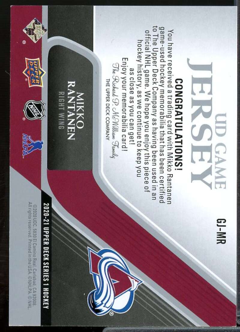 Mikko Rantanen Card 2020-21 Upper Deck Game Jerseys #GJMR  Image 2