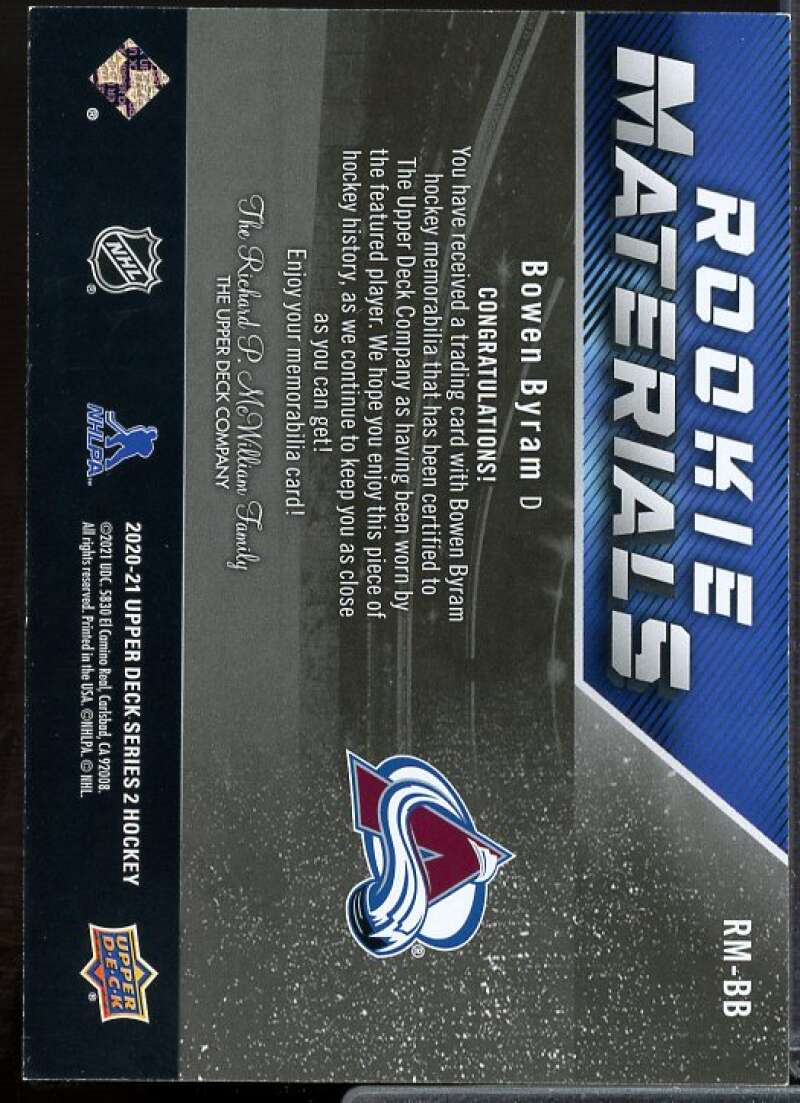 Bowen Byram B Card 2020-21 Upper Deck Rookie Materials #RMBB  Image 2