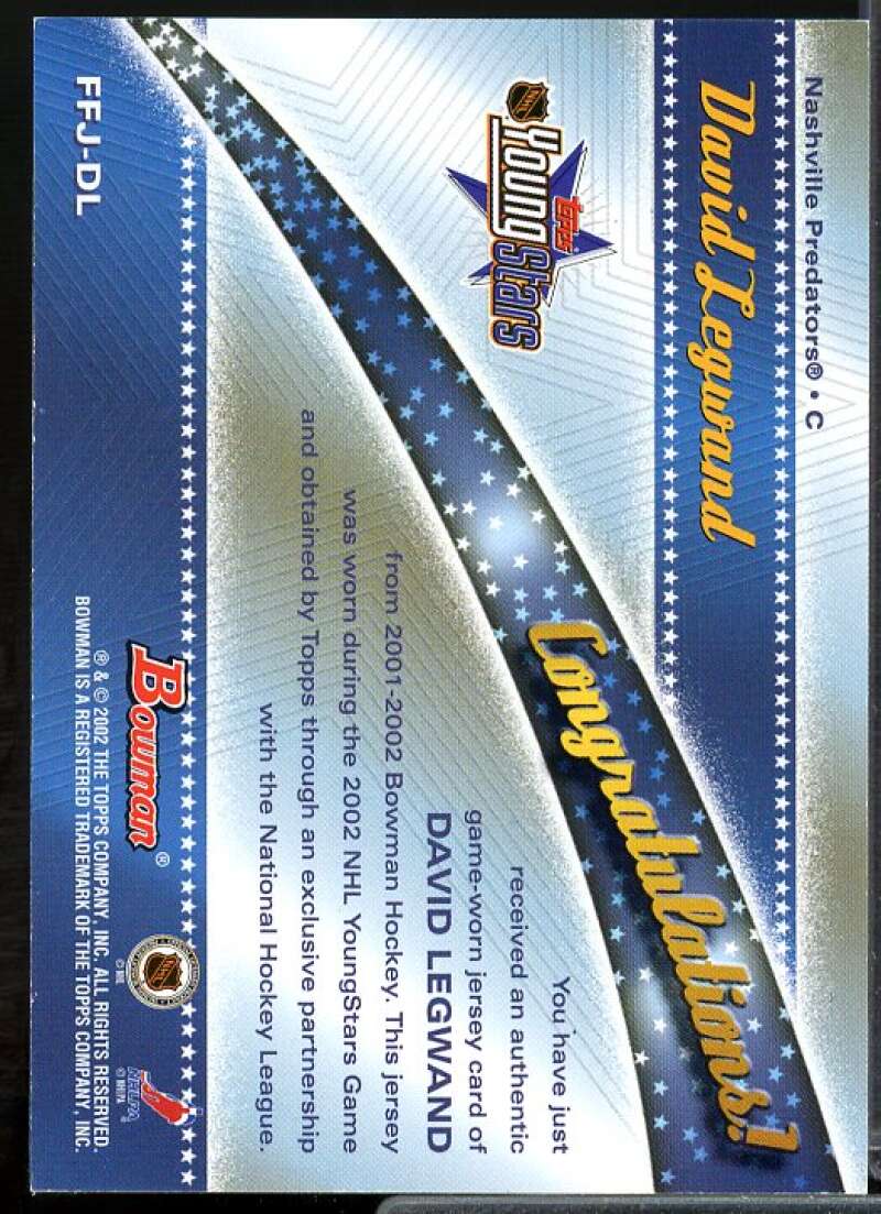 David Legwand J Rookie Card 2001-02 Bowman YoungStars Relics #JDL  Image 2