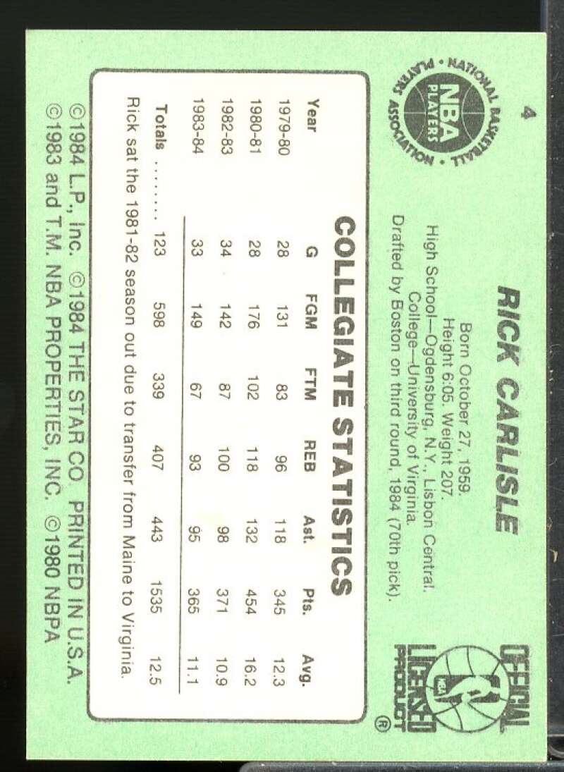 Rick Carlisle Rookie Card 1984-85 Star #4  Image 2