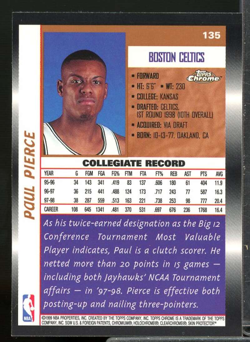 Paul Pierce Rookie Card 1998-99 Topps Chrome #135  Image 2