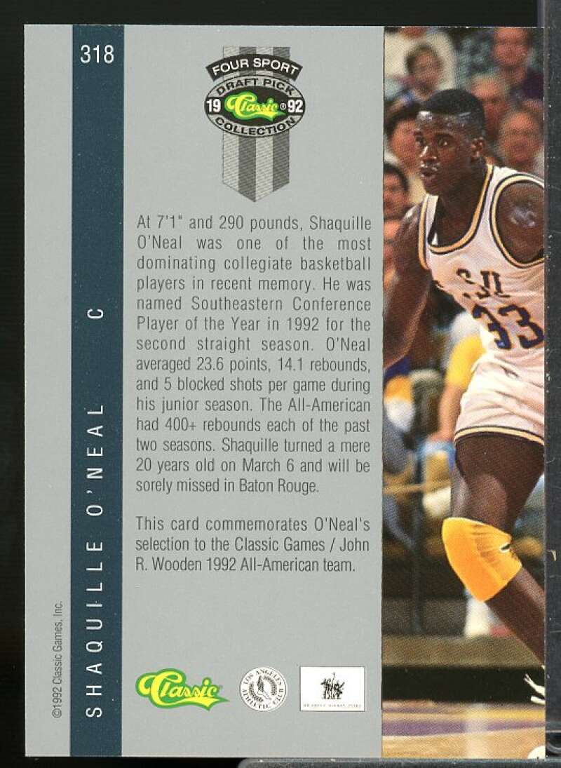 Shaquille O'Neal JWA Rookie Card 1992 Classic Four Sport #318A  Image 2