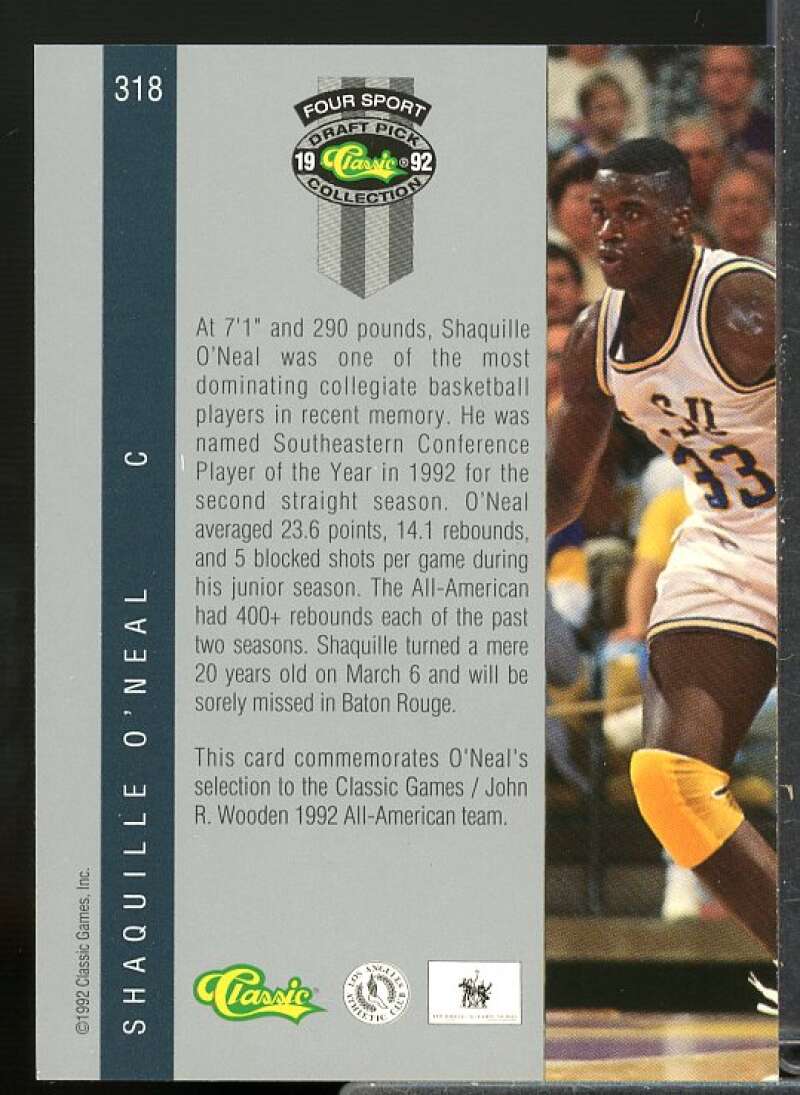 Shaquille O'Neal JWA Rookie Card 1992 Classic Four Sport #318A  Image 2
