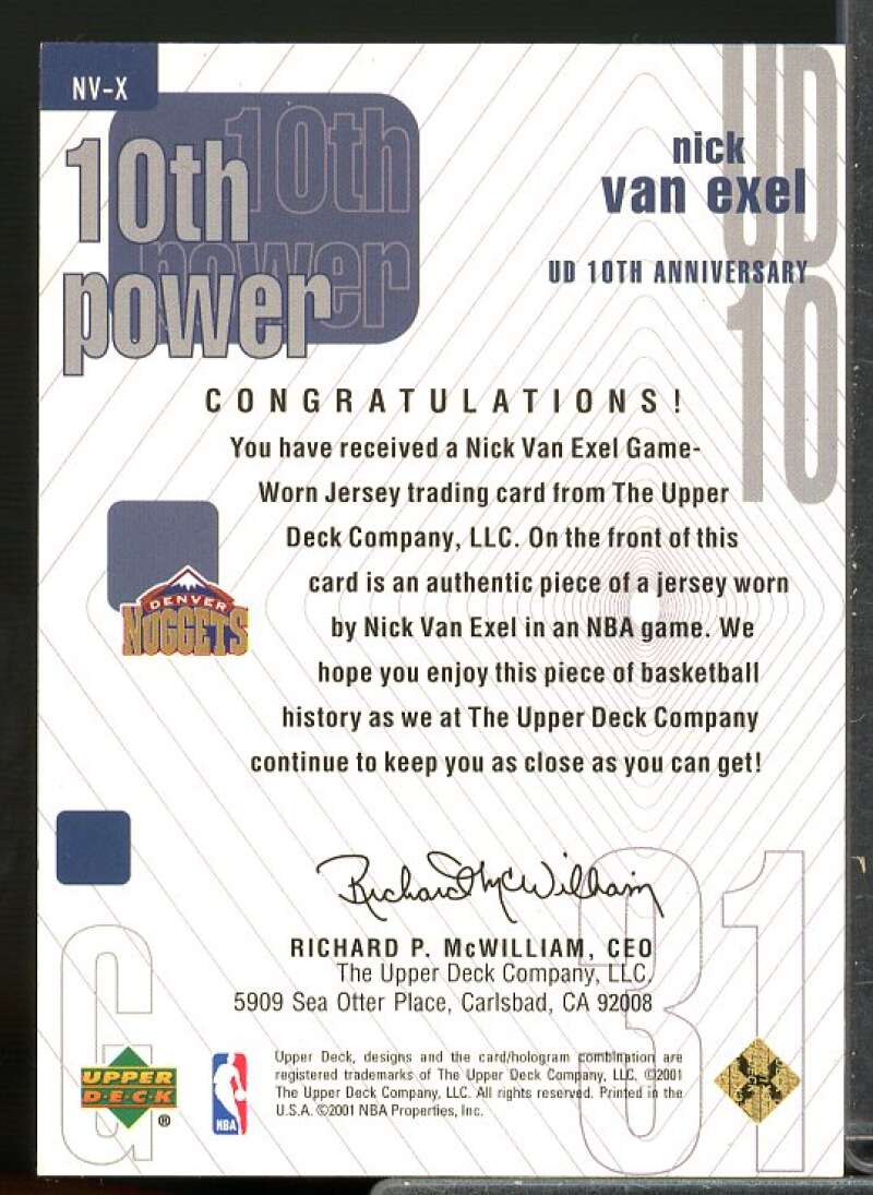 Nick Van Exel Card 2001-02 Upper Deck 10th Power Game Jerseys #NVX  Image 2