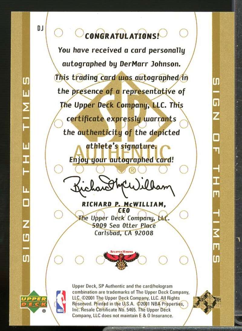 DerMarr Johnson Card 2000-01 SP Authentic Sign of the Times #DJ  Image 2