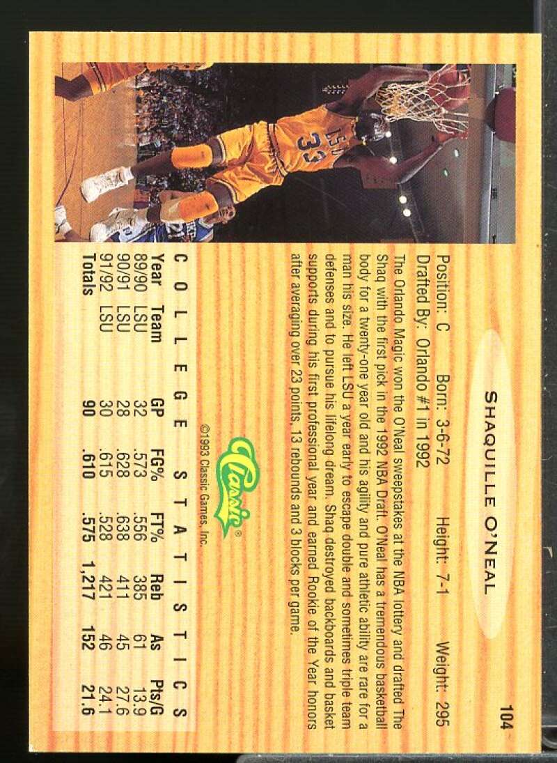 Shaquille O'Neal FLB Card 1993 Classic #104  Image 2