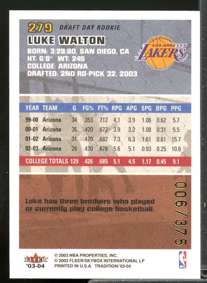 Luke Walton Rookie Card 2003-04 Fleer Tradition Draft Day Rookie #279  Image 2
