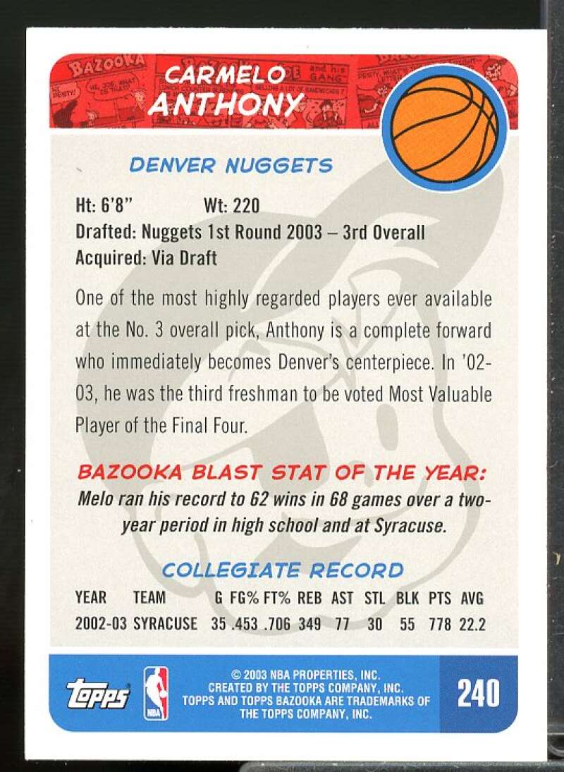 Carmelo Anthony Blue Rookie Card 2003-04 Bazooka #240A  Image 2