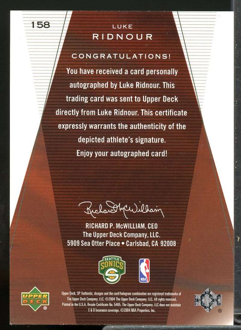 Luke Ridnour AU Rookie Card 2003-04 SP Authentic #158  Image 2