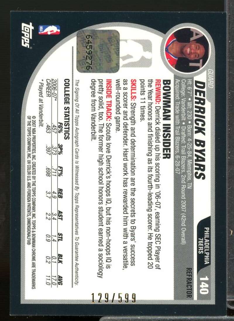 Derrick Byars AU Rookie 2007-08 Bowman Chrome Refractors Rookie Autographs #140  Image 2