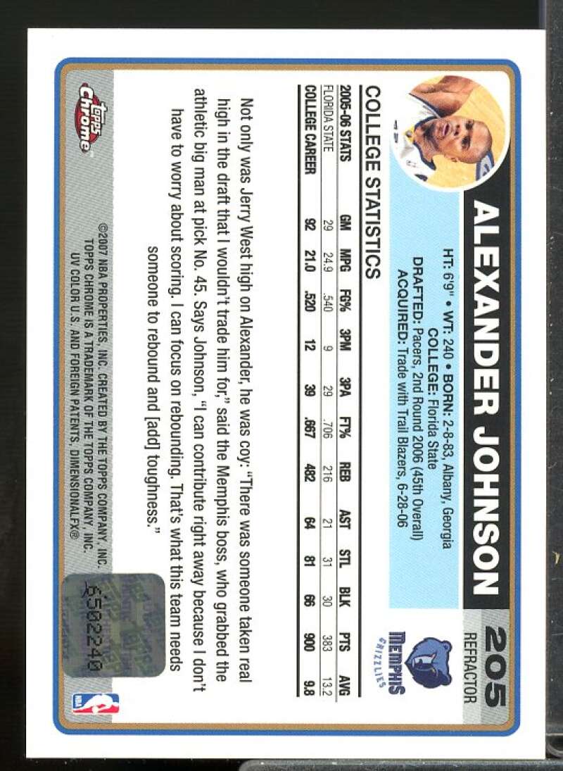 Alexander Johnson F Card 2006-07 Topps Chrome Autographs Refractors Black #205  Image 2