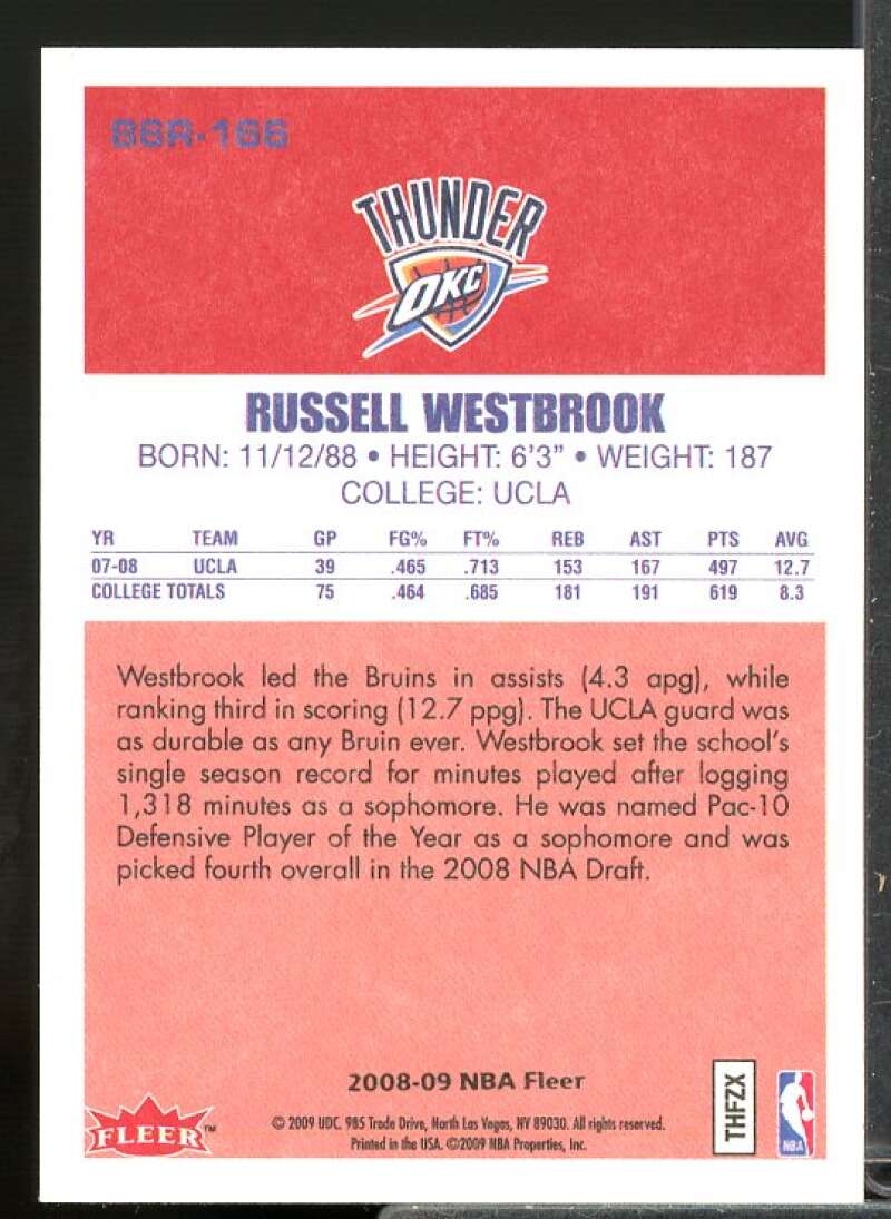 Russell Westbrook Rookie Card 2008-09 Fleer 1986-87 Rookies #86R166  Image 2