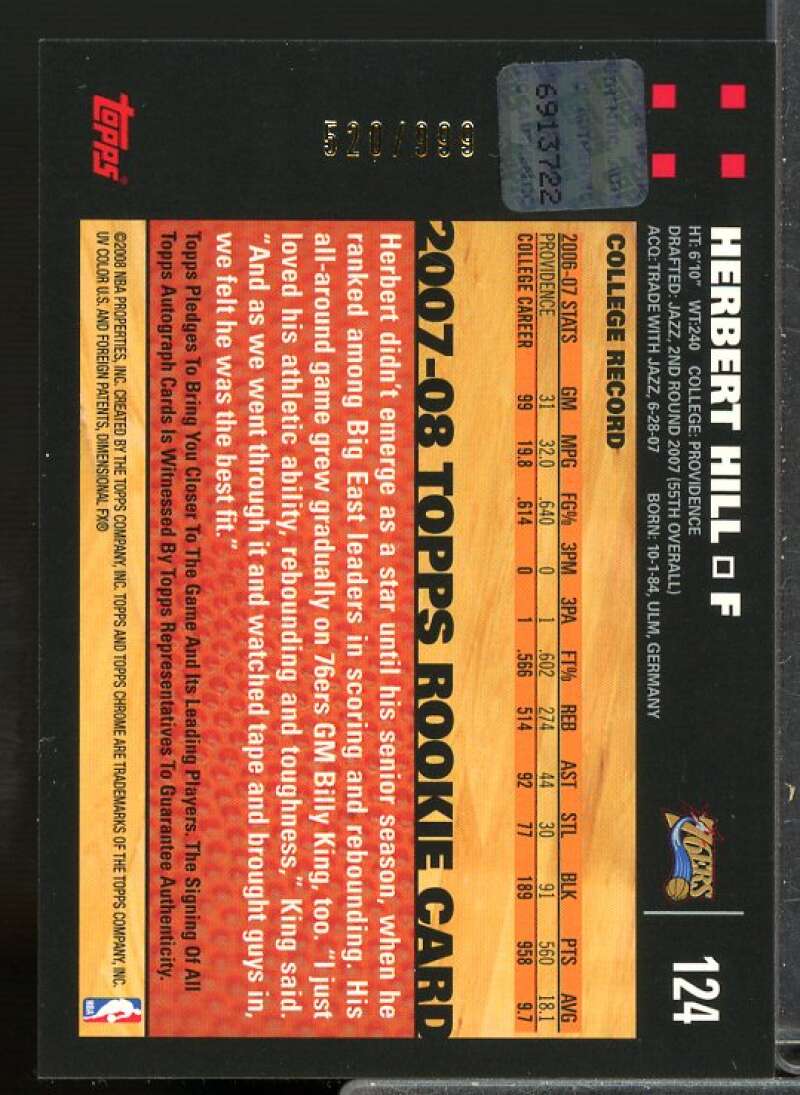 Herbert Hill Rookie Card 2007-08 Topps Chrome Rookie Autographs #124  Image 2