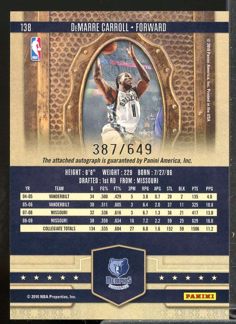 DeMarre Carroll AU Rookie Card 2009-10 Court Kings #138  Image 2