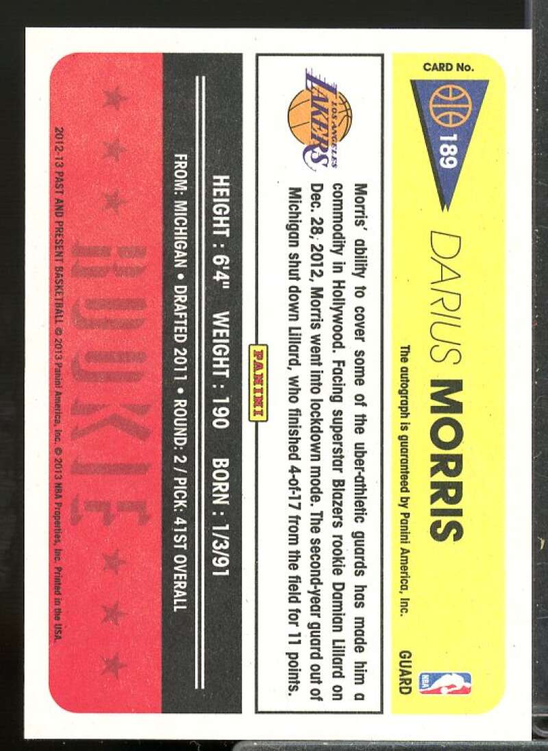 Darius Morris Rookie Card 2012-13 Panini Past and Present Signatures #189  Image 2