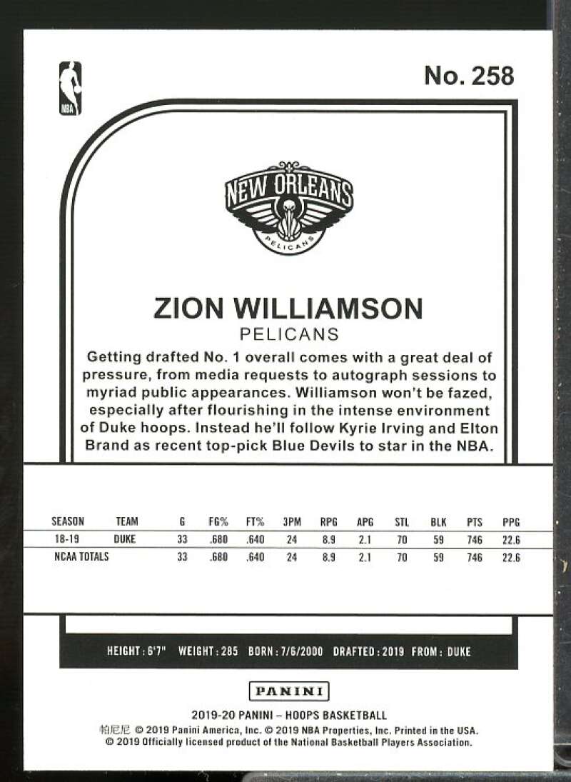 Zion Williamson Rookie Card 2019-20 Hoops #258  Image 2