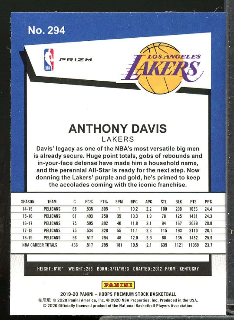 Anthony Davis Card 2019-20 Hoops Premium Stock Prizms Blue #294  Image 2