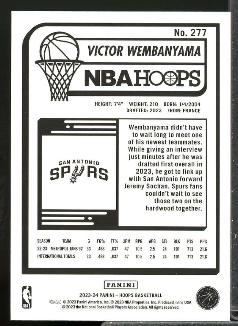 Victor Wembanyama Rookie Card 2023-24 Hoops #277  Image 2