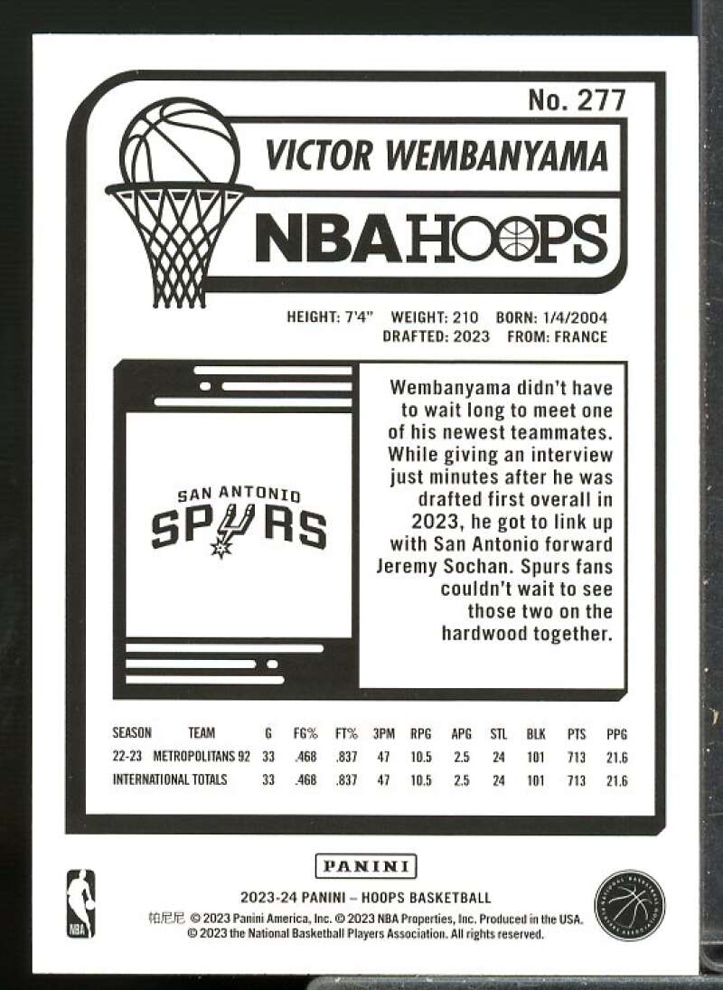 Victor Wembanyama Rookie Card 2023-24 Hoops #277  Image 2
