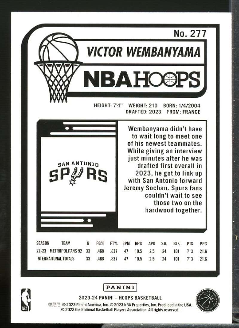 Victor Wembanyama Rookie Card 2023-24 Hoops #277  Image 2