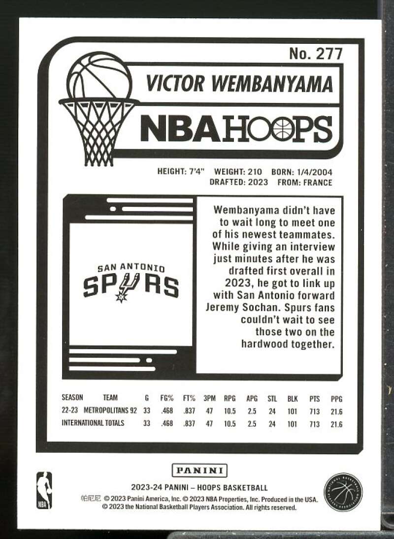 Victor Wembanyama Rookie Card 2023-24 Hoops #277  Image 2