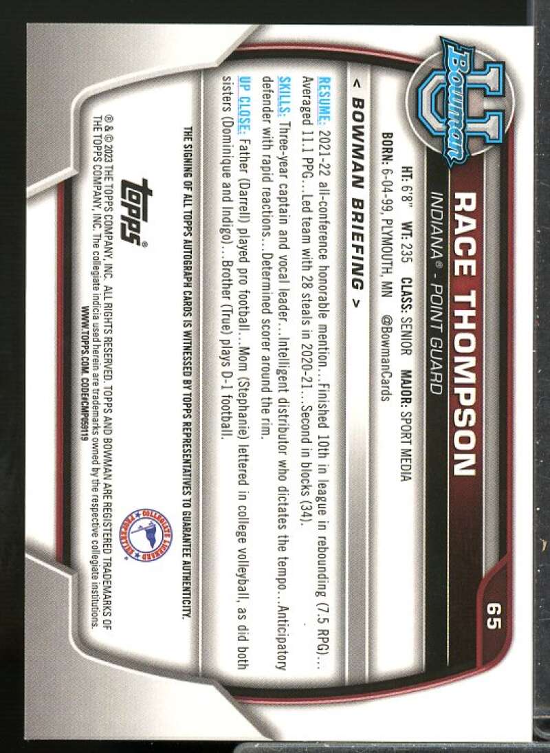 Race Thompson Rookie 2022-23 Bowman Chrome University Prospect Autographs #65  Image 2