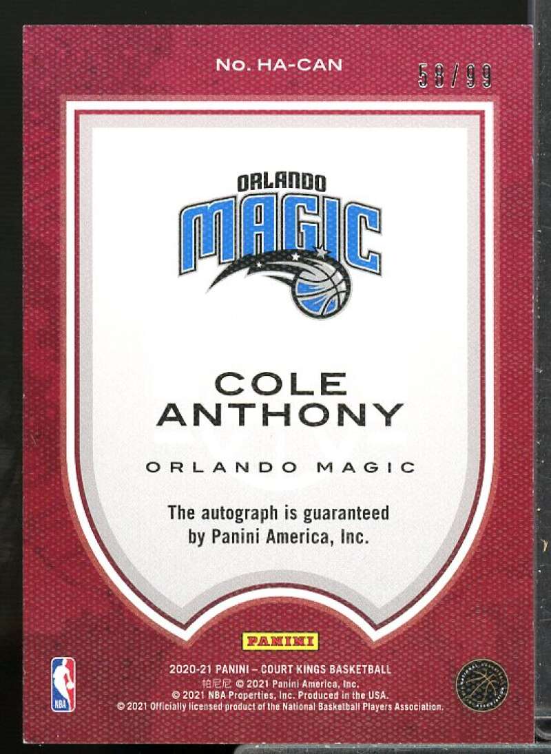 Cole Anthony Rookie Card 2020-21 Court Kings Heir Apparent Autographs #13  Image 2