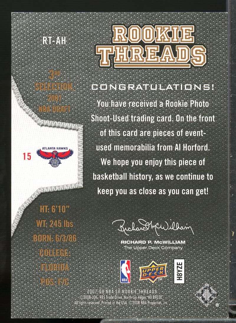 Al Horford Rookie Card 2007-08 SP Rookie Threads Rookie Threads #RTAH  Image 2
