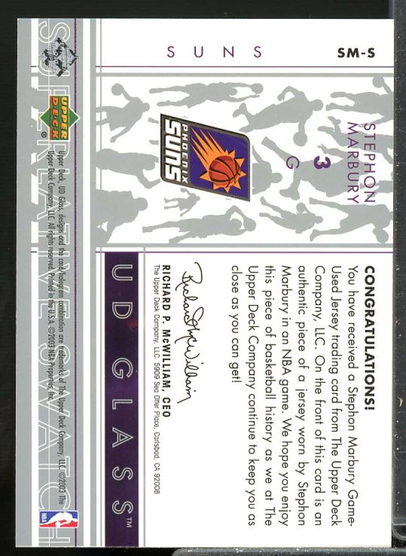 Stephon Marbury Card 2002-03 UD Glass Superlative Swatch #SMS  Image 2