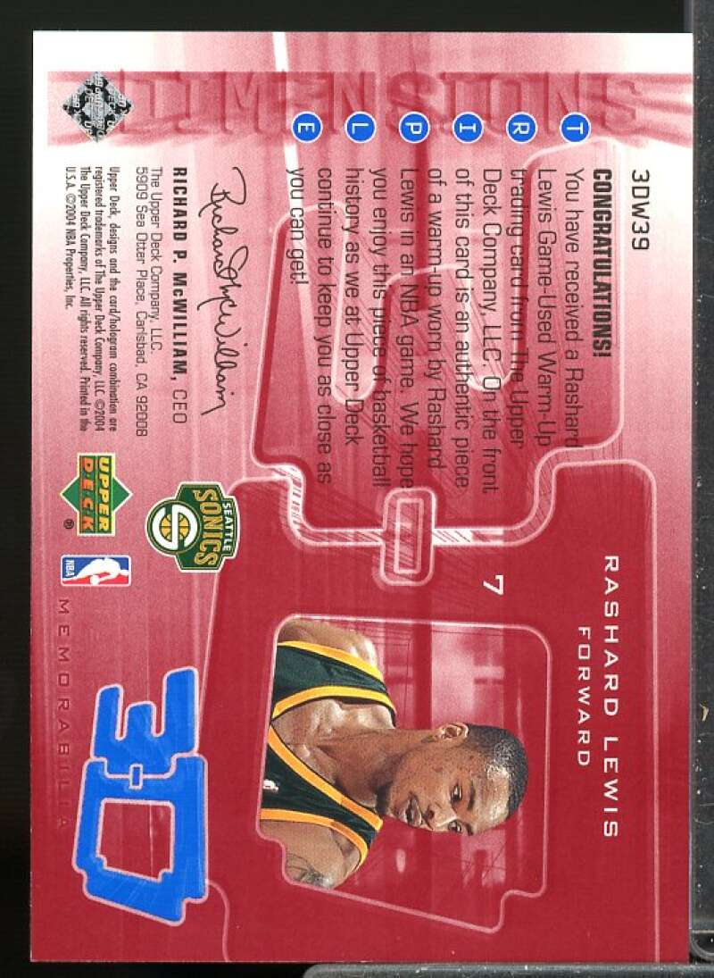 Rashard Lewis Card 2003-04 Upper Deck Triple Dimensions 3-D Warmups #W39  Image 2