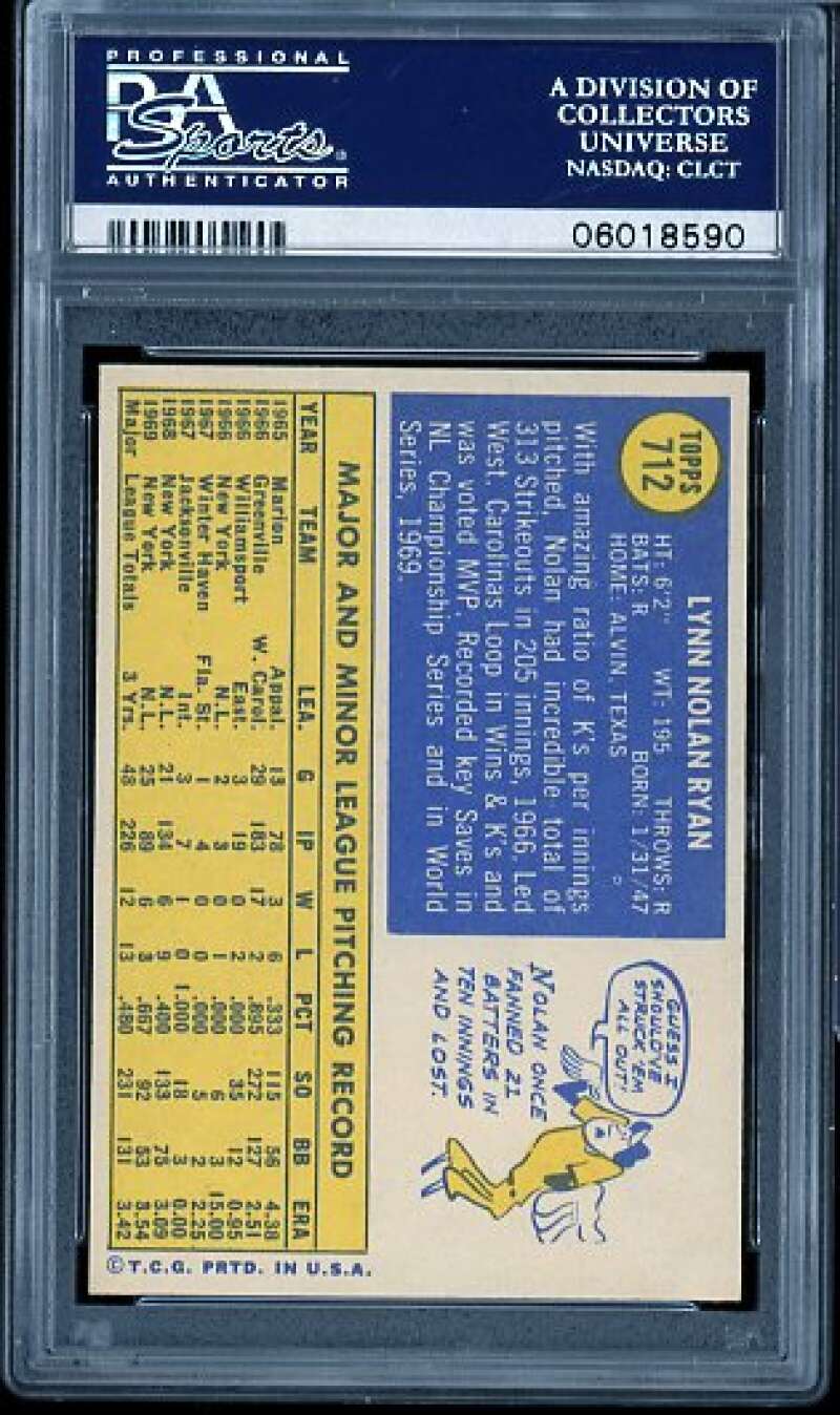 Nolan Ryan Card 1970 Topps #712 PSA 9 Image 2