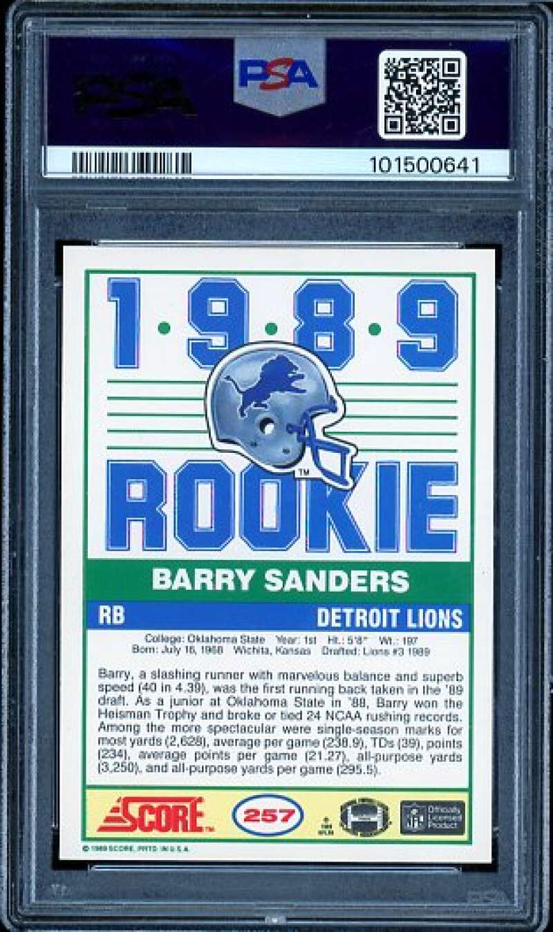 Barry Sanders Rookie Card 1989 Score #257 PSA 9 Image 2